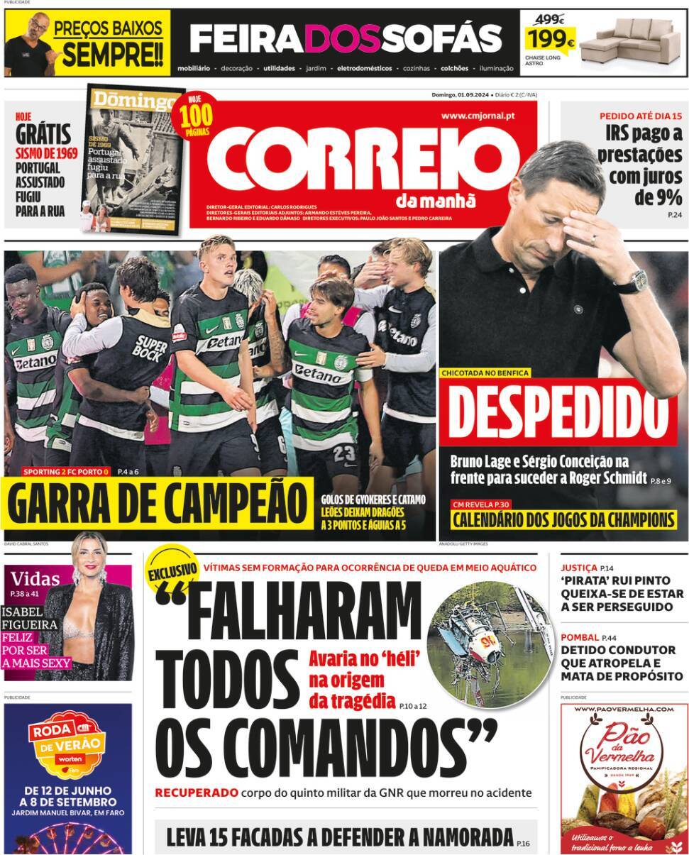 Correio da Manh&atilde;: Capa da Edi&ccedil;&atilde;o de domingo, 01 de setembro 2024
