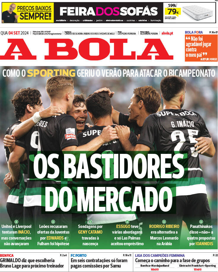 A Bola: Capa da Edi&ccedil;&atilde;o de quarta-feira, 04 de setembro 2024