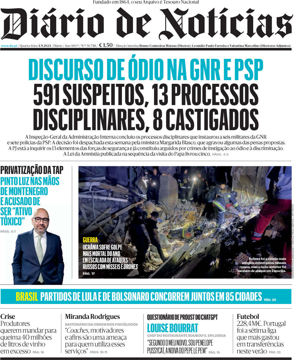 Di&aacute;rio de Not&iacute;cias: Capa da Edi&ccedil;&atilde;o de quarta-feira, 04 de setembro 2024