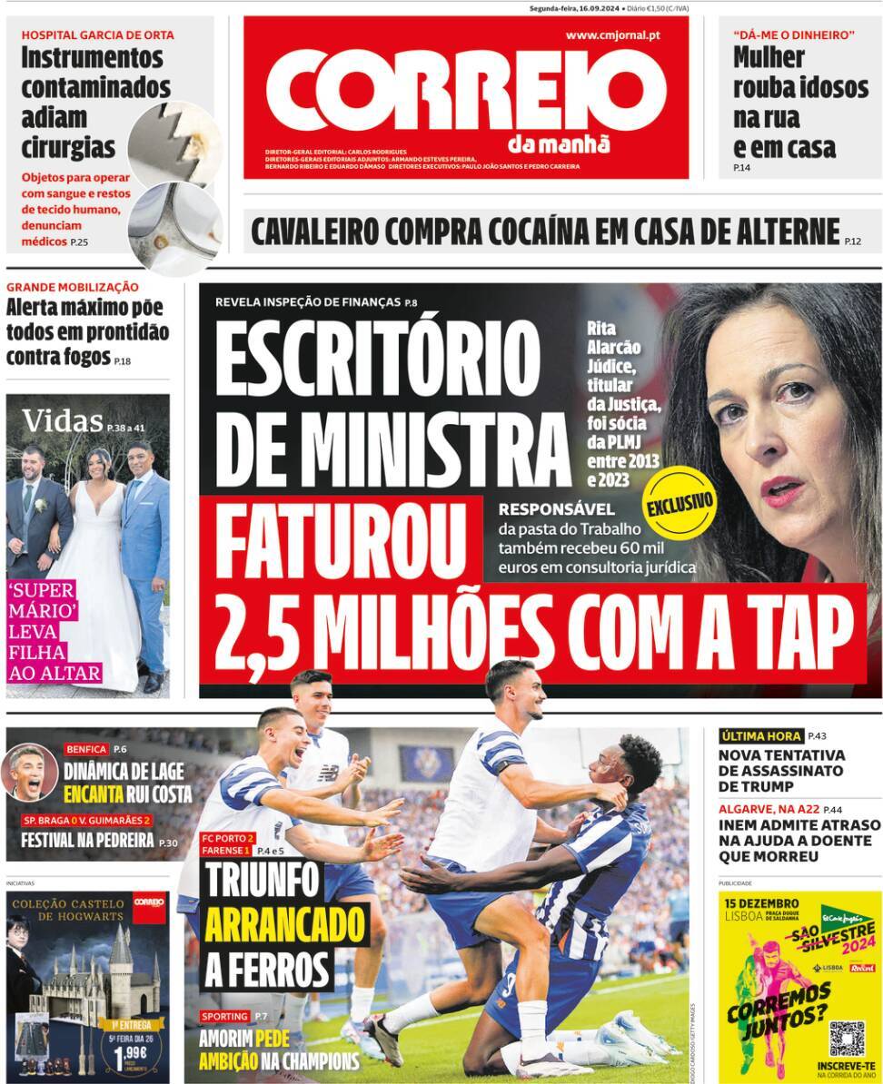 Correio da Manh&atilde;: Capa da Edi&ccedil;&atilde;o de segunda-feira, 16 de setembro 2024