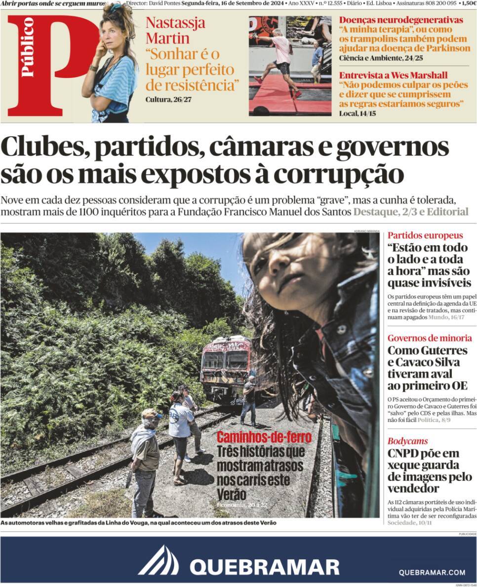 P&uacute;blico: Capa da Edi&ccedil;&atilde;o de segunda-feira, 16 de setembro 2024