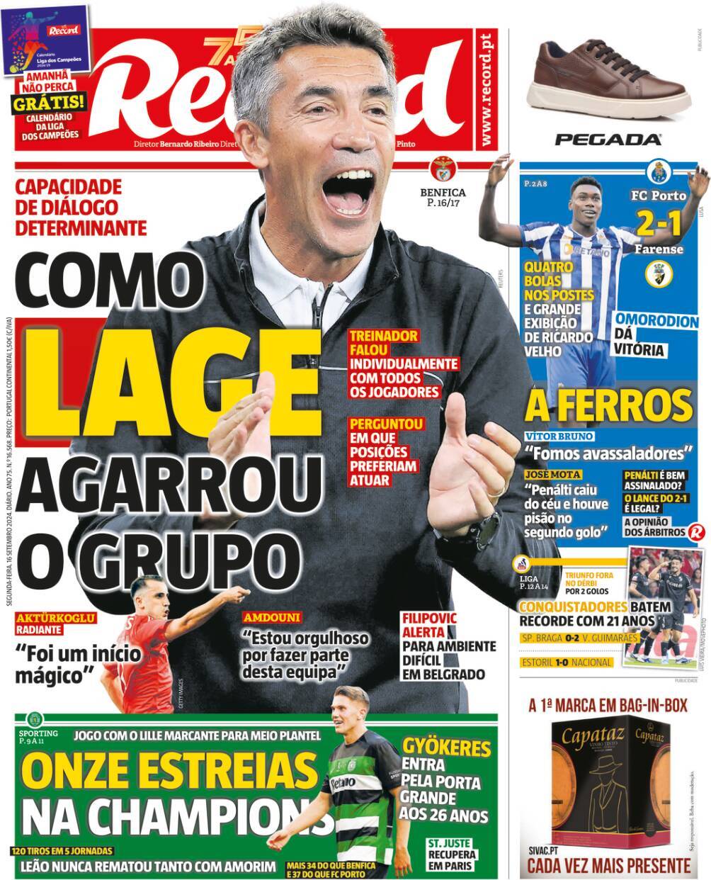 Record: Capa da Edi&ccedil;&atilde;o de segunda-feira, 16 de setembro 2024