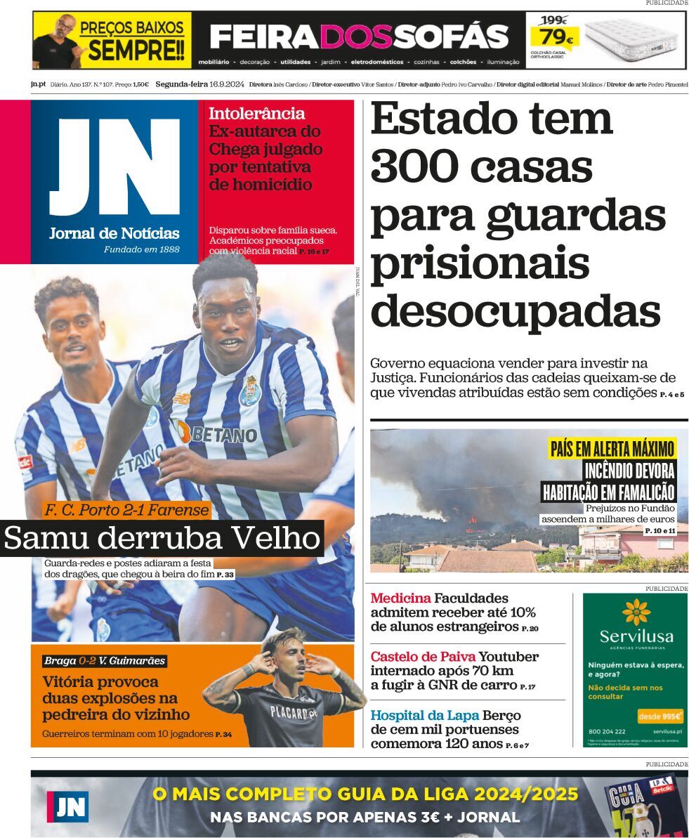 Jornal de Not&iacute;cias: Capa da Edi&ccedil;&atilde;o de segunda-feira, 16 de setembro 2024