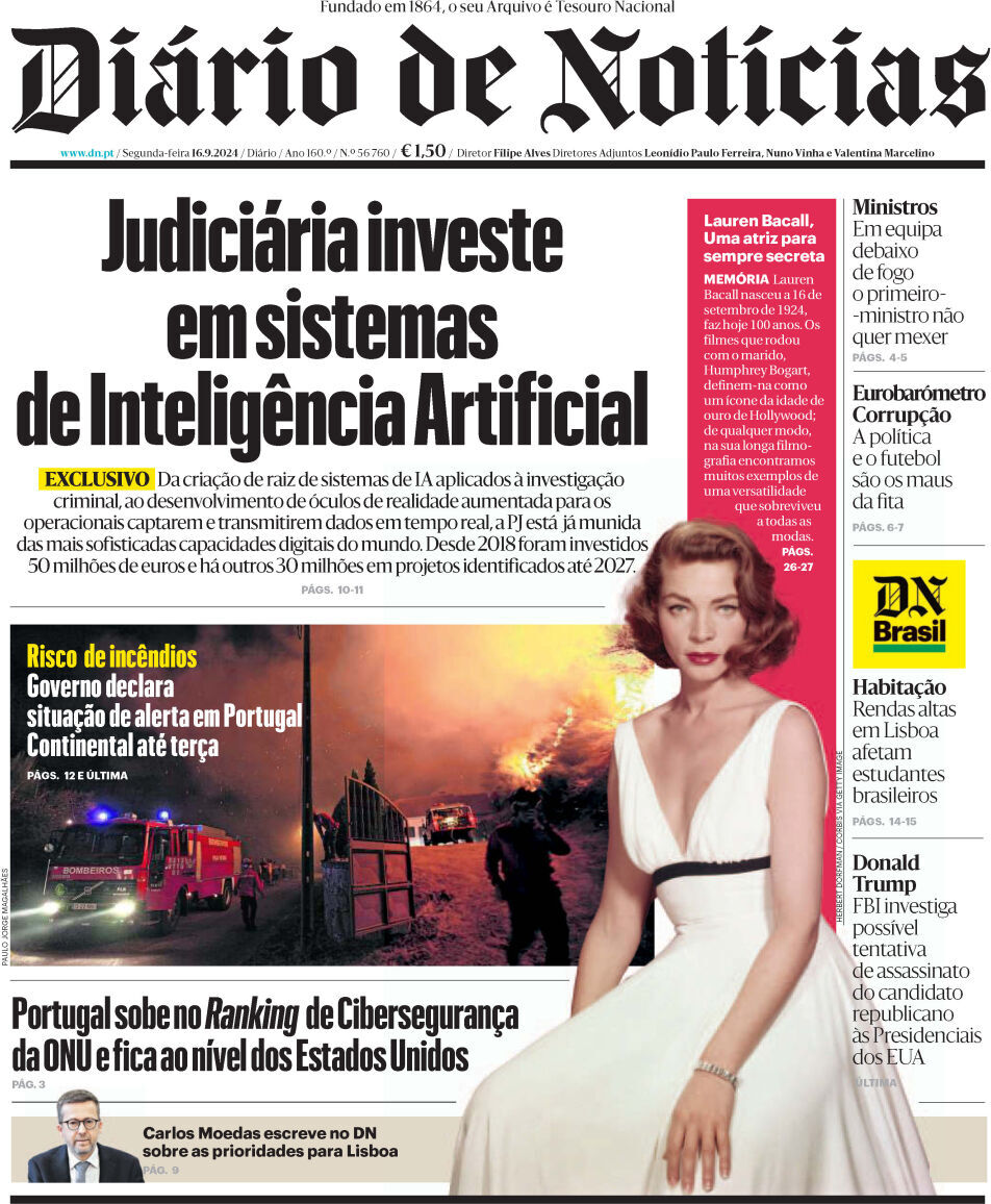 Di&aacute;rio de Not&iacute;cias: Capa da Edi&ccedil;&atilde;o de segunda-feira, 16 de setembro 2024
