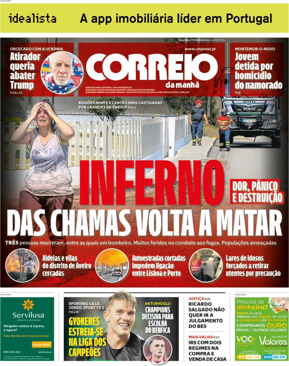 Correio da Manh&atilde;: Capa da Edi&ccedil;&atilde;o de ter&ccedil;a-feira, 17 de setembro 2024