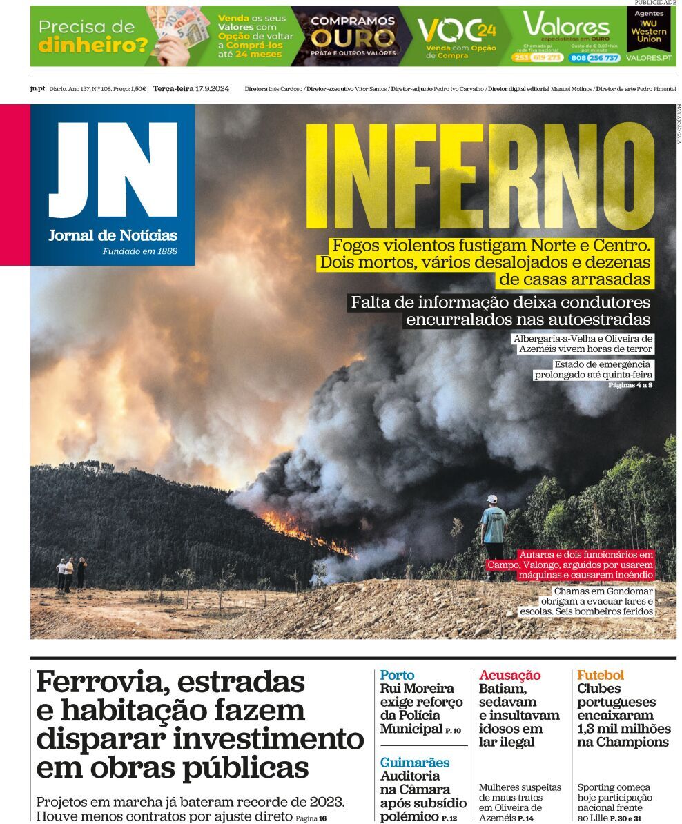 Jornal de Not&iacute;cias: Capa da Edi&ccedil;&atilde;o de ter&ccedil;a-feira, 17 de setembro 2024