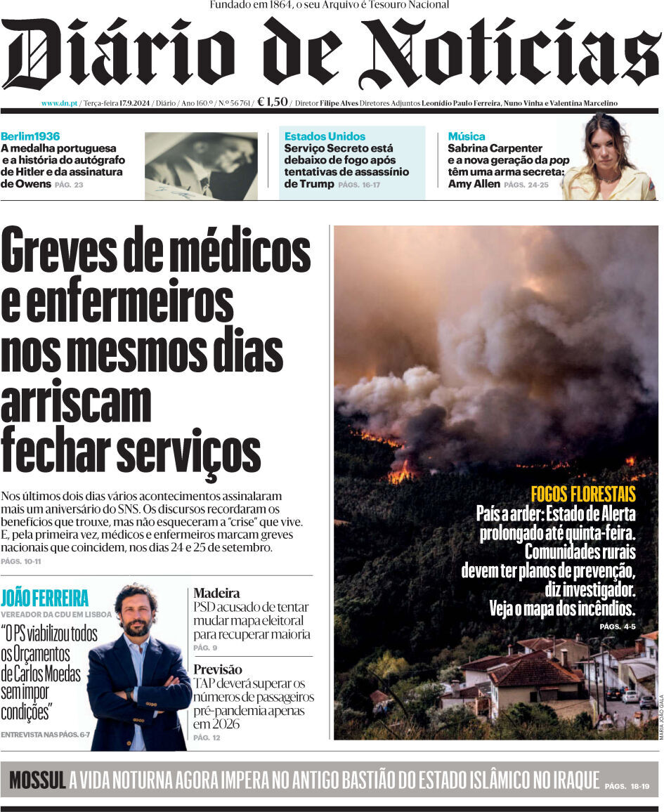 Di&aacute;rio de Not&iacute;cias: Capa da Edi&ccedil;&atilde;o de ter&ccedil;a-feira, 17 de setembro 2024