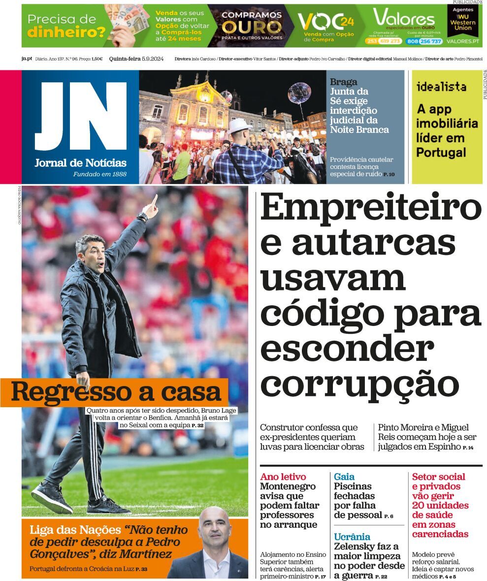 Jornal de Not&iacute;cias: Capa da Edi&ccedil;&atilde;o de quinta-feira, 05 de setembro 2024