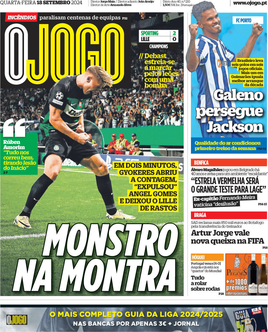 O Jogo: Capa da Edi&ccedil;&atilde;o de quarta-feira, 18 de setembro 2024