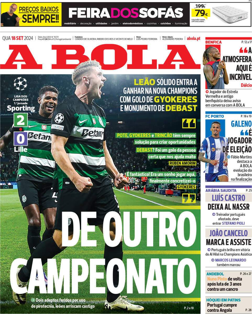 A Bola: Capa da Edi&ccedil;&atilde;o de quarta-feira, 18 de setembro 2024