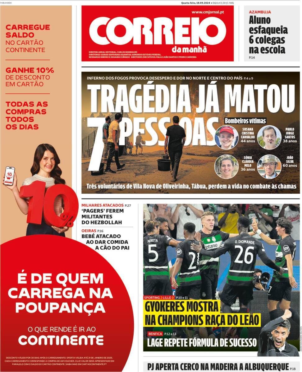 Correio da Manh&atilde;: Capa da Edi&ccedil;&atilde;o de quarta-feira, 18 de setembro 2024