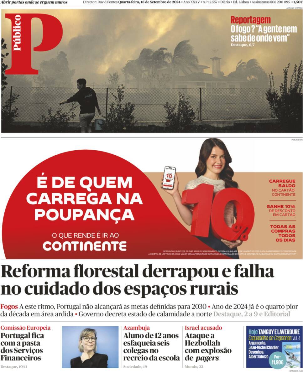 P&uacute;blico: Capa da Edi&ccedil;&atilde;o de quarta-feira, 18 de setembro 2024