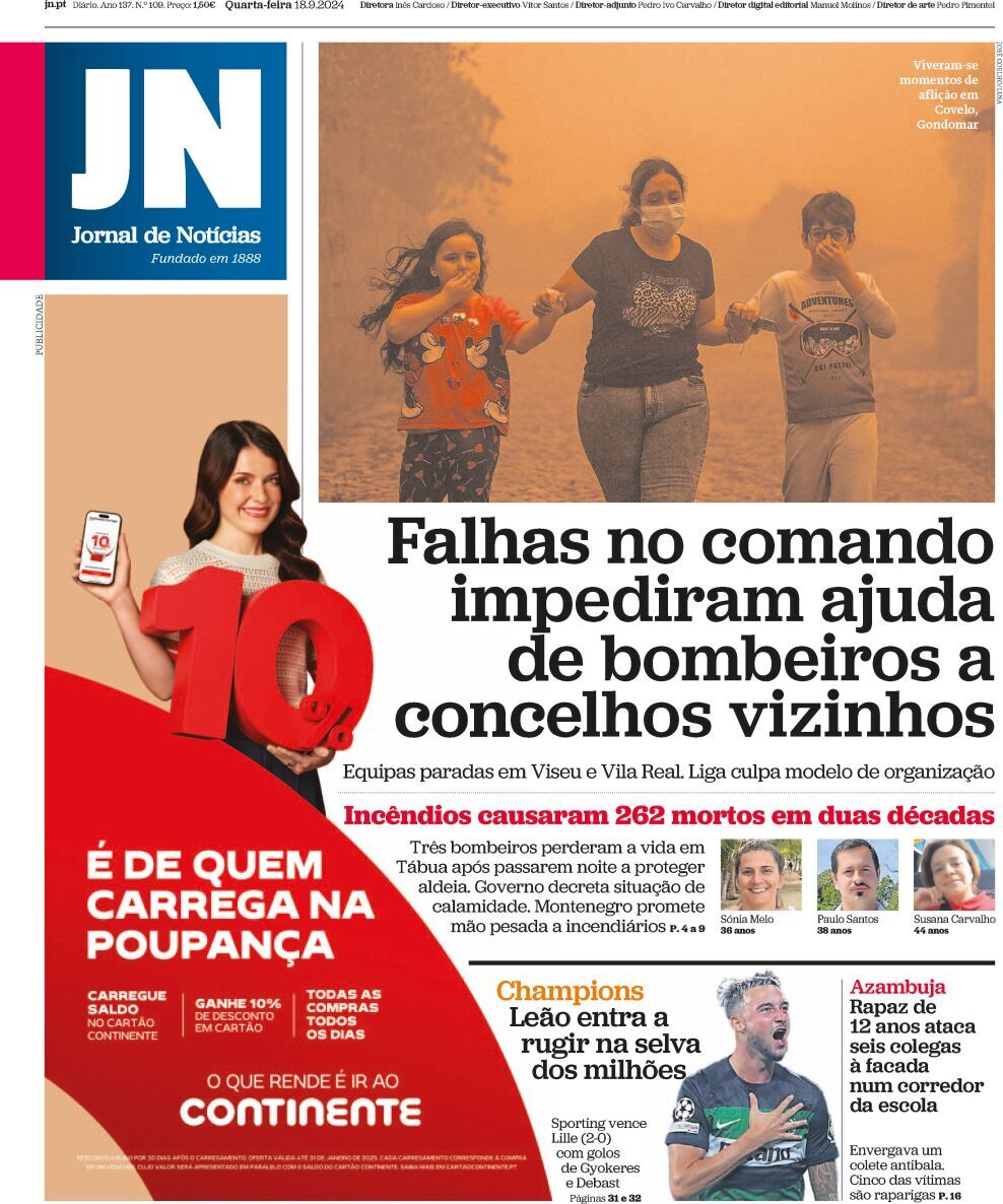 Jornal de Not&iacute;cias: Capa da Edi&ccedil;&atilde;o de quarta-feira, 18 de setembro 2024