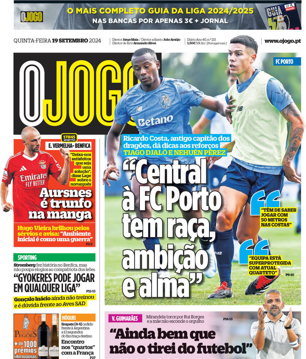O Jogo: Capa da Edi&ccedil;&atilde;o de quinta-feira, 19 de setembro 2024
