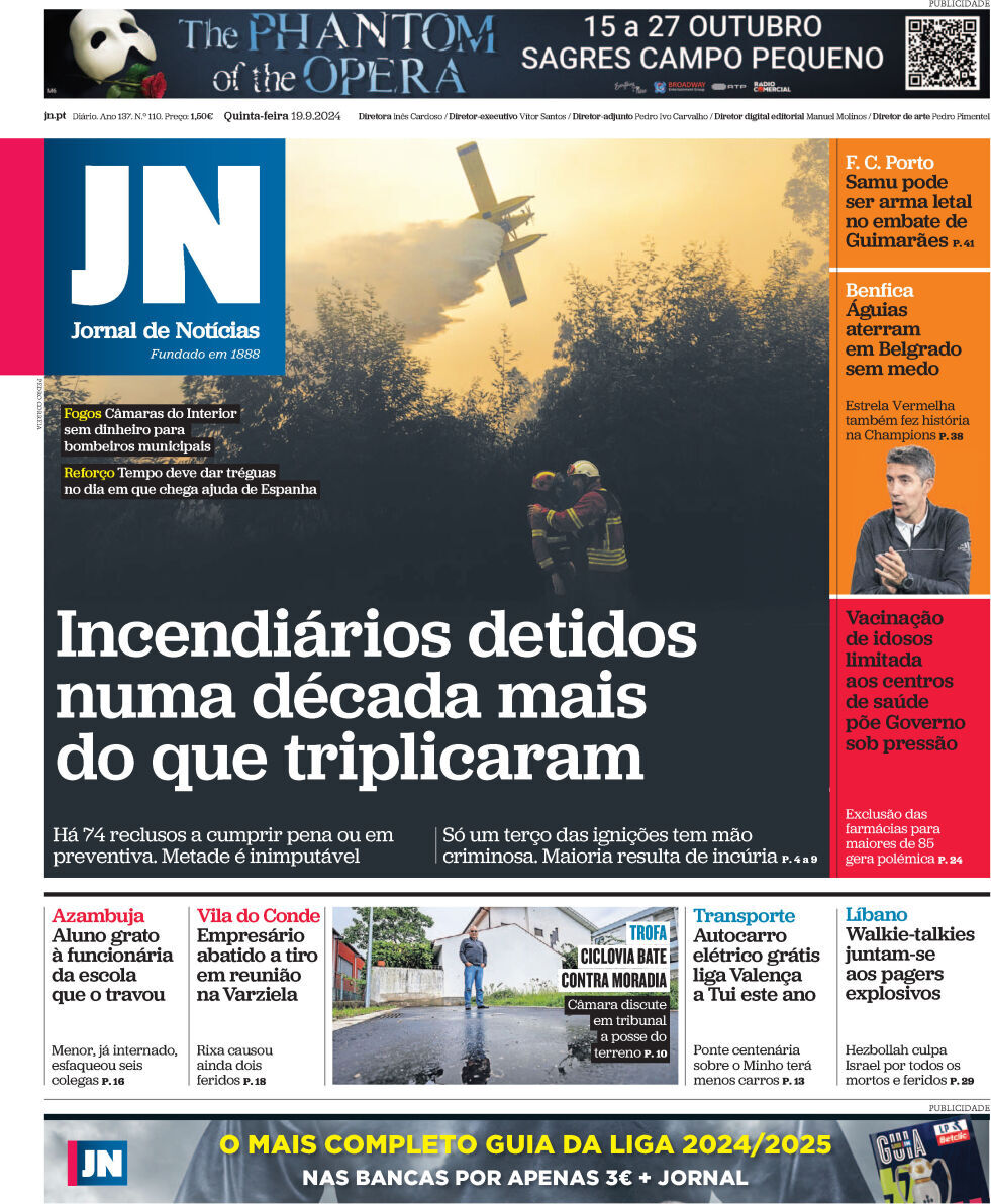 Jornal de Not&iacute;cias: Capa da Edi&ccedil;&atilde;o de quinta-feira, 19 de setembro 2024