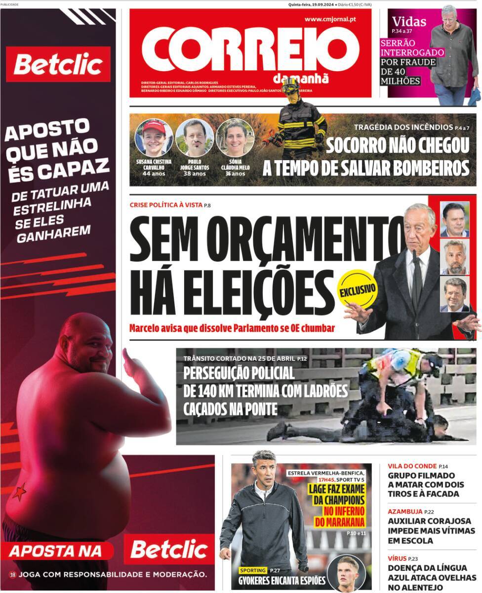 Correio da Manh&atilde;: Capa da Edi&ccedil;&atilde;o de quinta-feira, 19 de setembro 2024