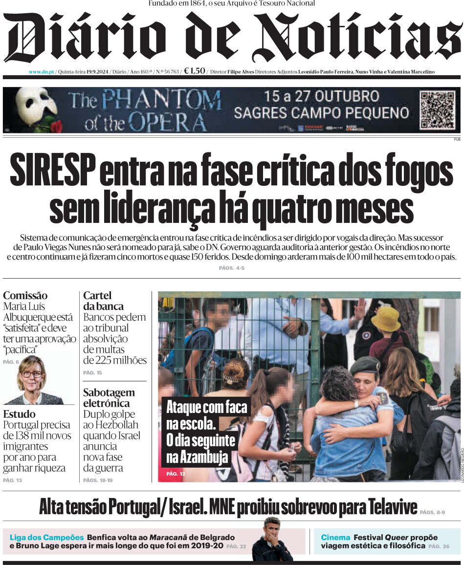 Di&aacute;rio de Not&iacute;cias: Capa da Edi&ccedil;&atilde;o de quinta-feira, 19 de setembro 2024