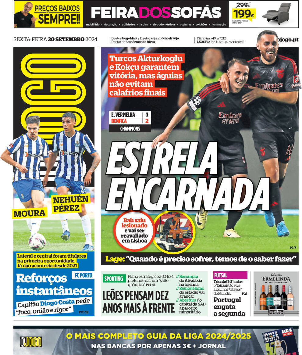 O Jogo: Capa da Edi&ccedil;&atilde;o de sexta-feira, 20 de setembro 2024