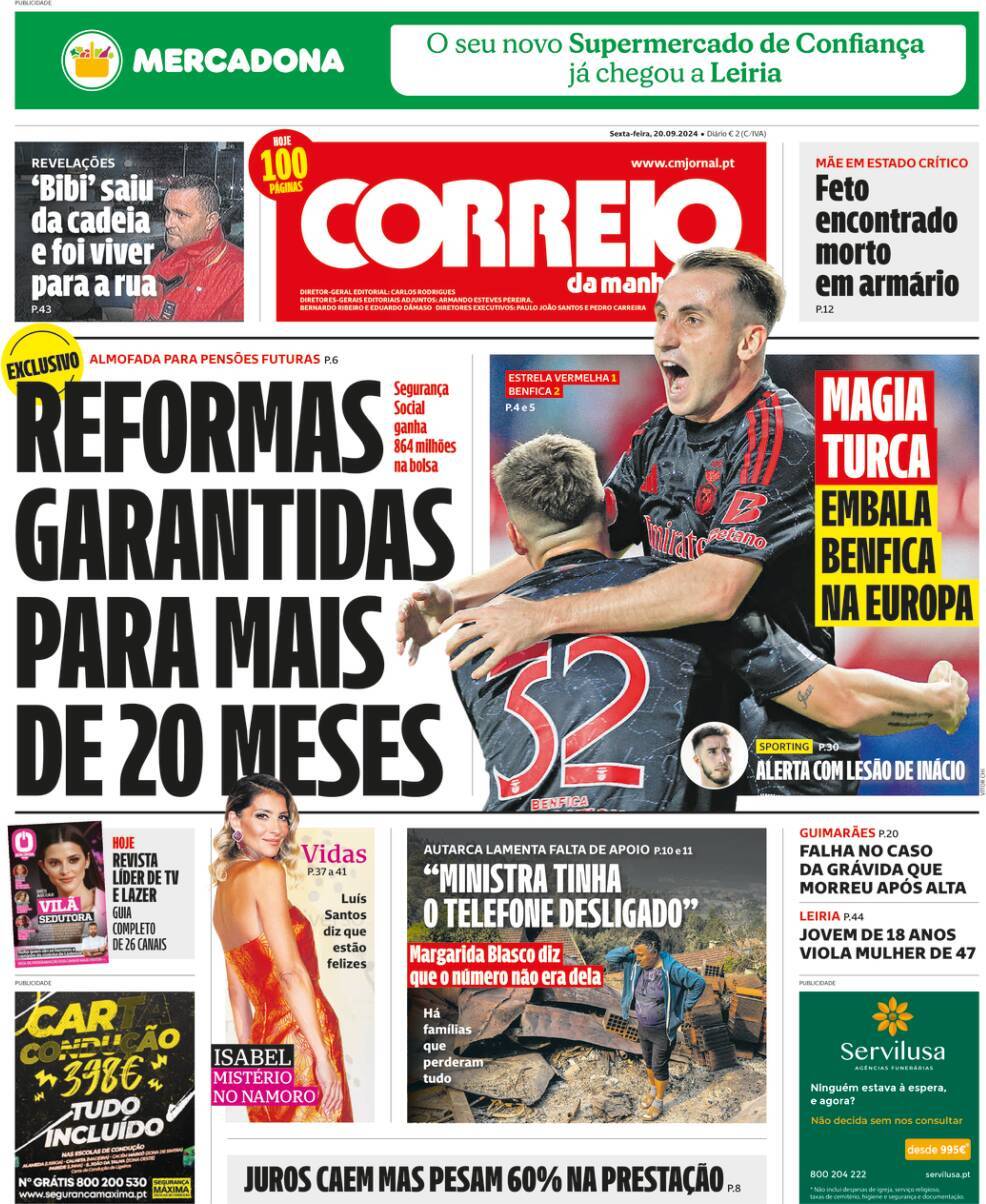 Correio da Manh&atilde;: Capa da Edi&ccedil;&atilde;o de sexta-feira, 20 de setembro 2024