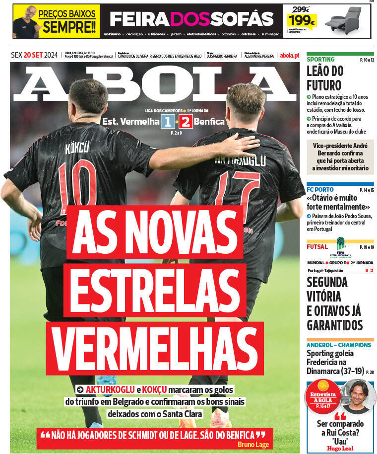 A Bola: Capa da Edi&ccedil;&atilde;o de sexta-feira, 20 de setembro 2024