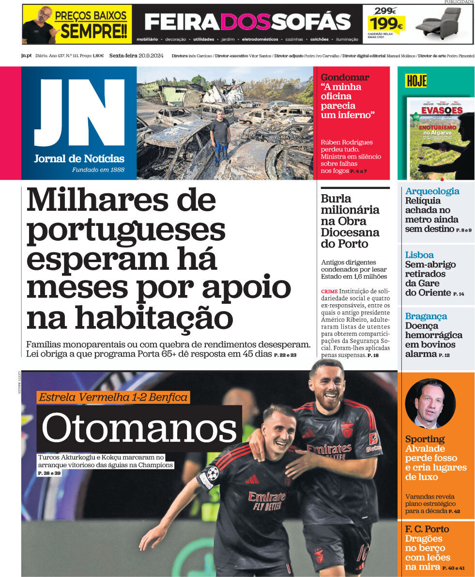 Jornal de Not&iacute;cias: Capa da Edi&ccedil;&atilde;o de sexta-feira, 20 de setembro 2024