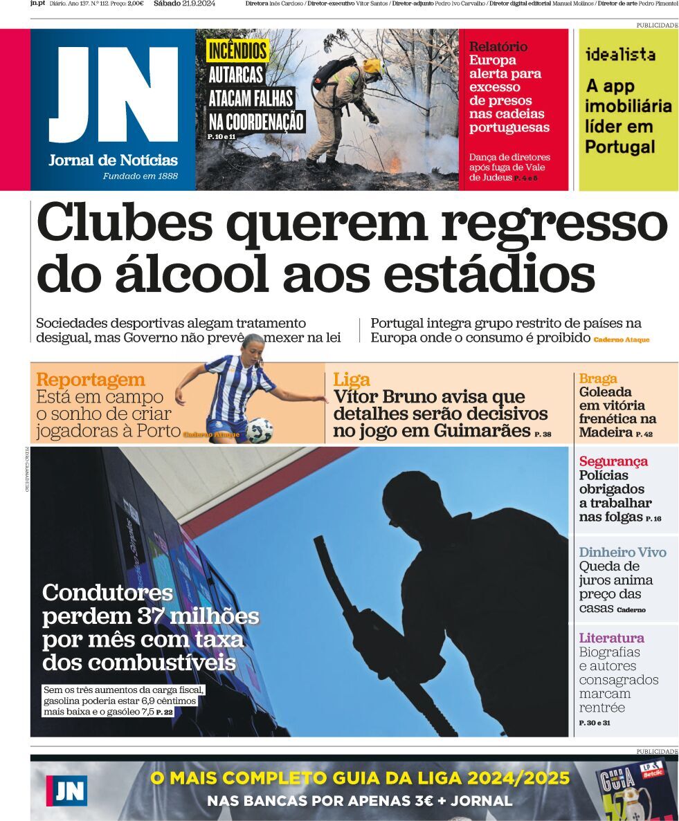Jornal de Not&iacute;cias: Capa da Edi&ccedil;&atilde;o de s&aacute;bado, 21 de setembro 2024