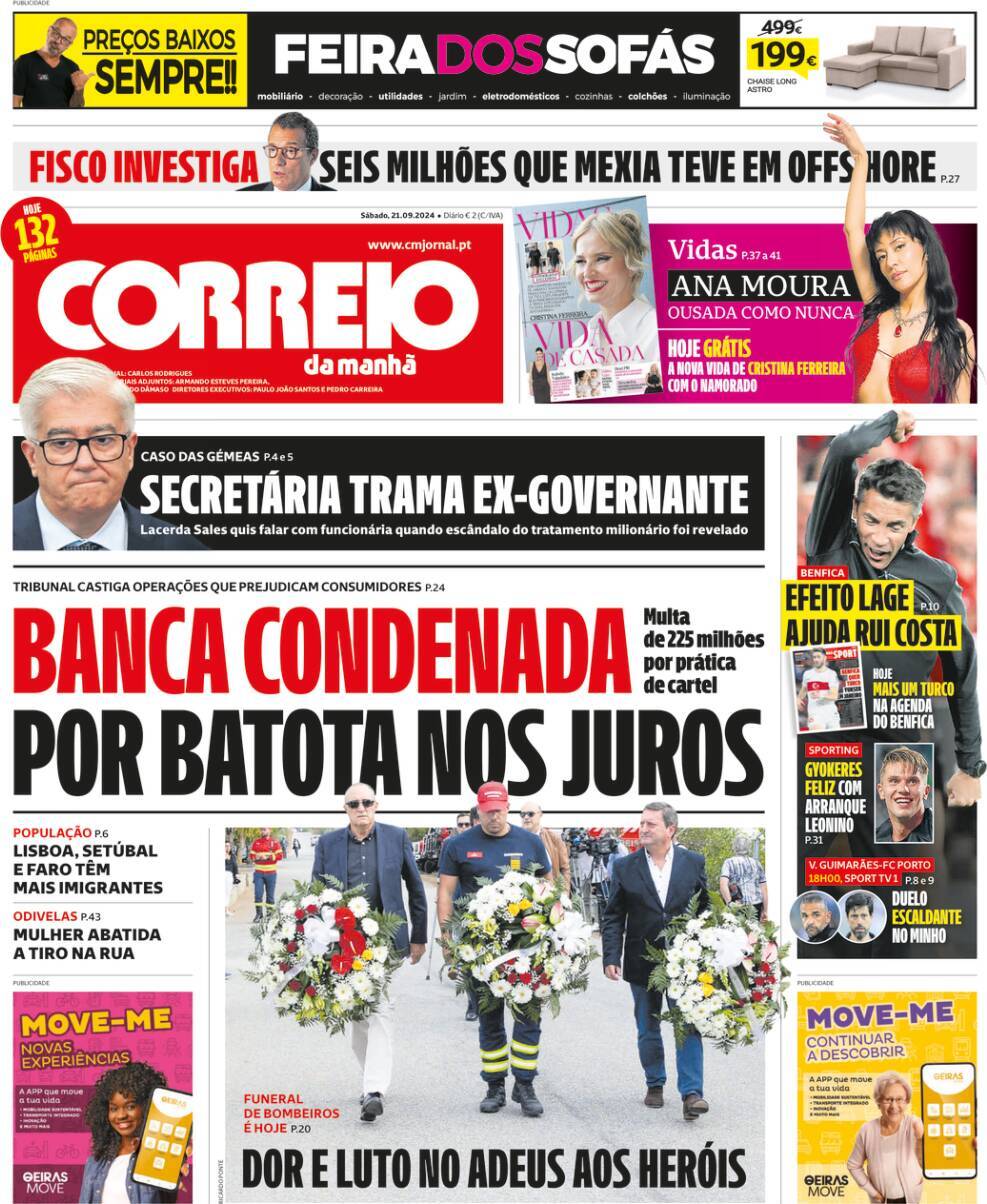 Correio da Manh&atilde;: Capa da Edi&ccedil;&atilde;o de s&aacute;bado, 21 de setembro 2024