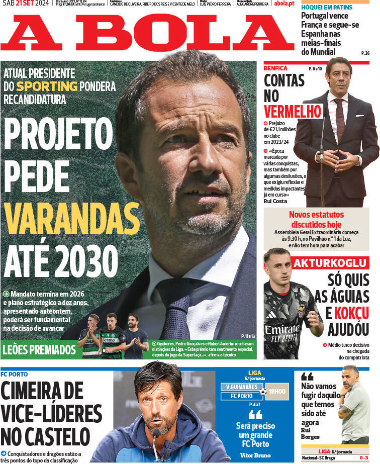 A Bola: Capa da Edi&ccedil;&atilde;o de s&aacute;bado, 21 de setembro 2024