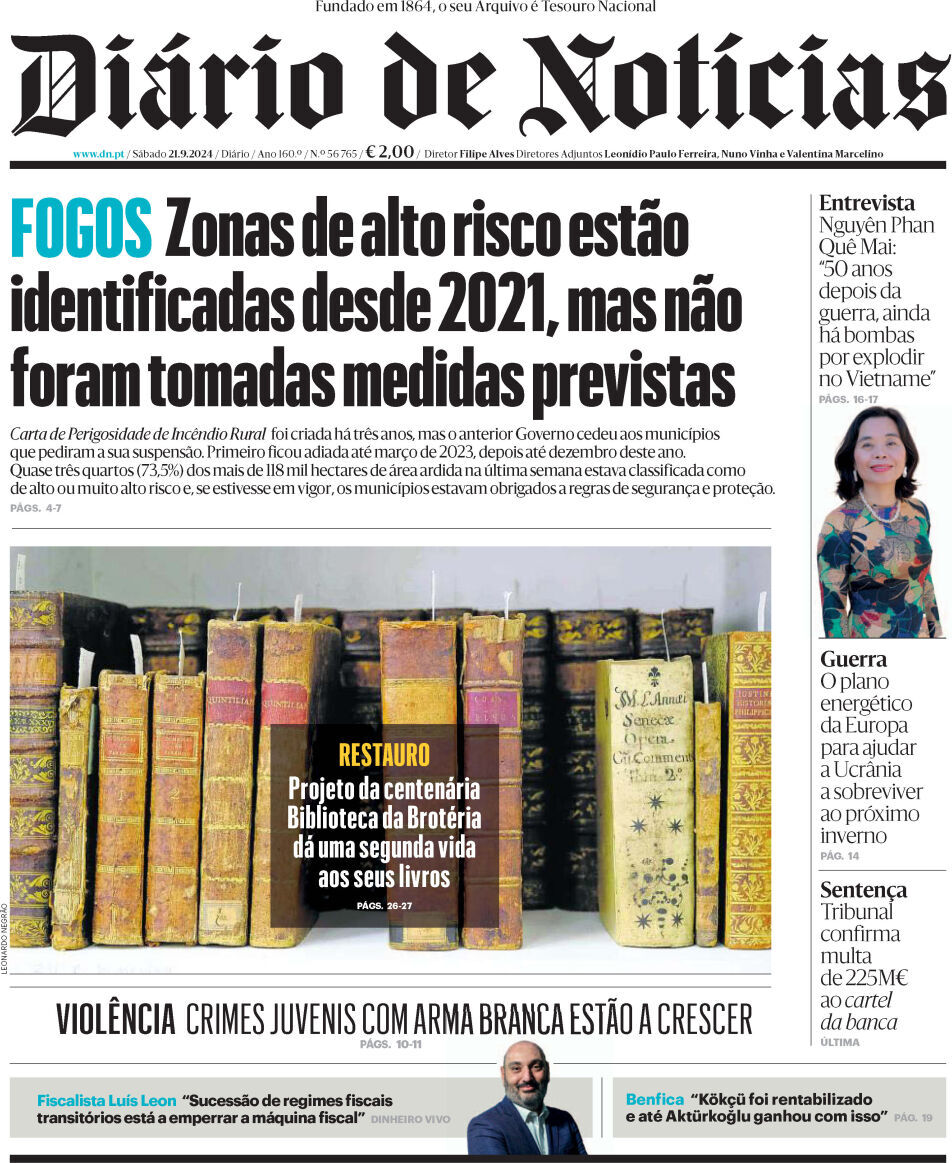 Di&aacute;rio de Not&iacute;cias: Capa da Edi&ccedil;&atilde;o de s&aacute;bado, 21 de setembro 2024