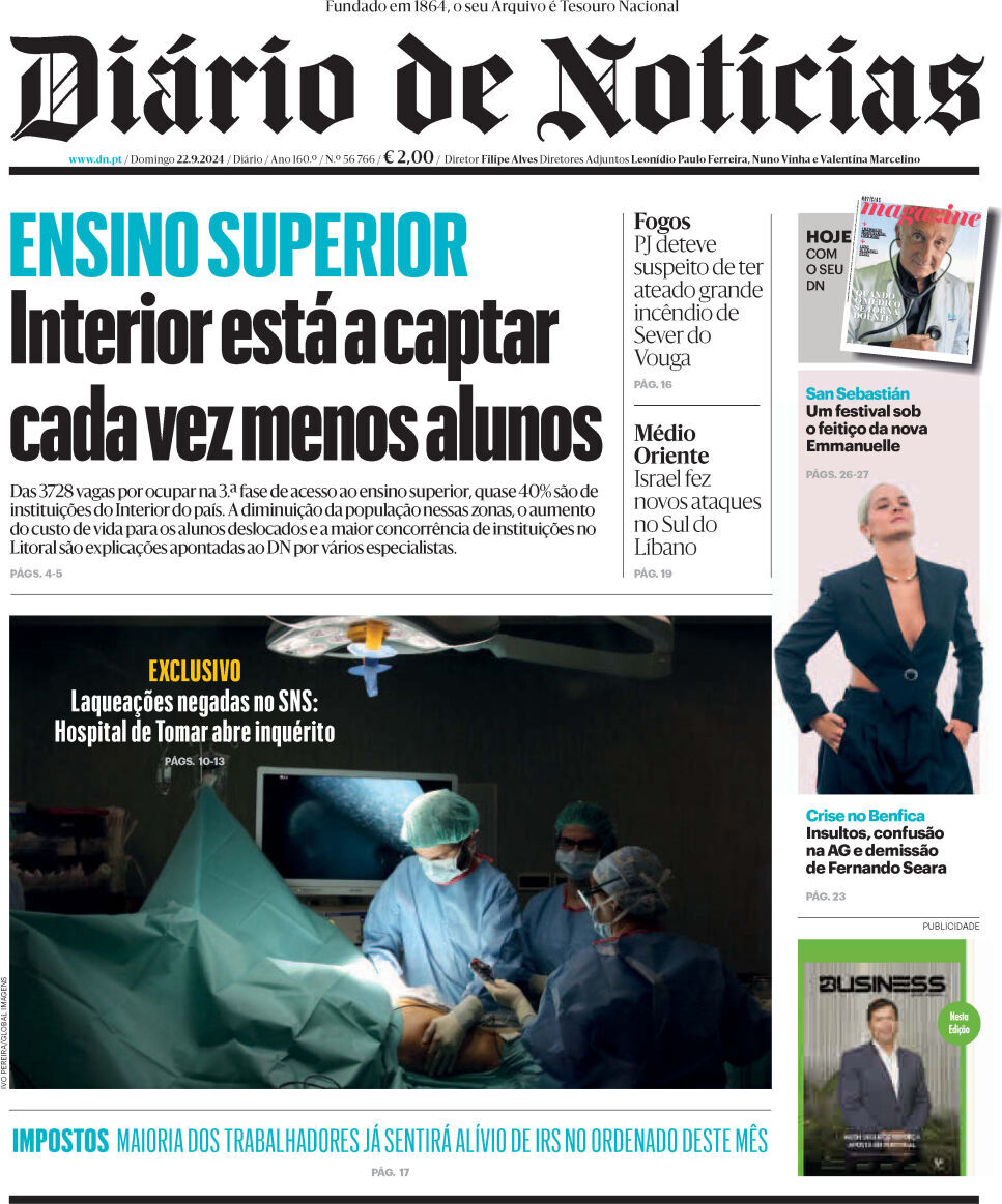 Di&aacute;rio de Not&iacute;cias: Capa da Edi&ccedil;&atilde;o de domingo, 22 de setembro 2024