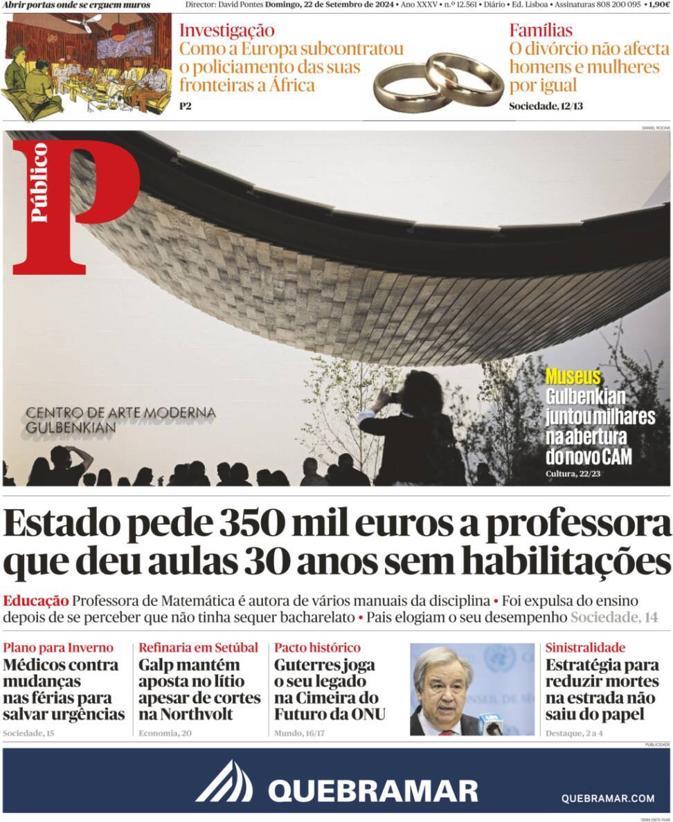 P&uacute;blico: Capa da Edi&ccedil;&atilde;o de domingo, 22 de setembro 2024