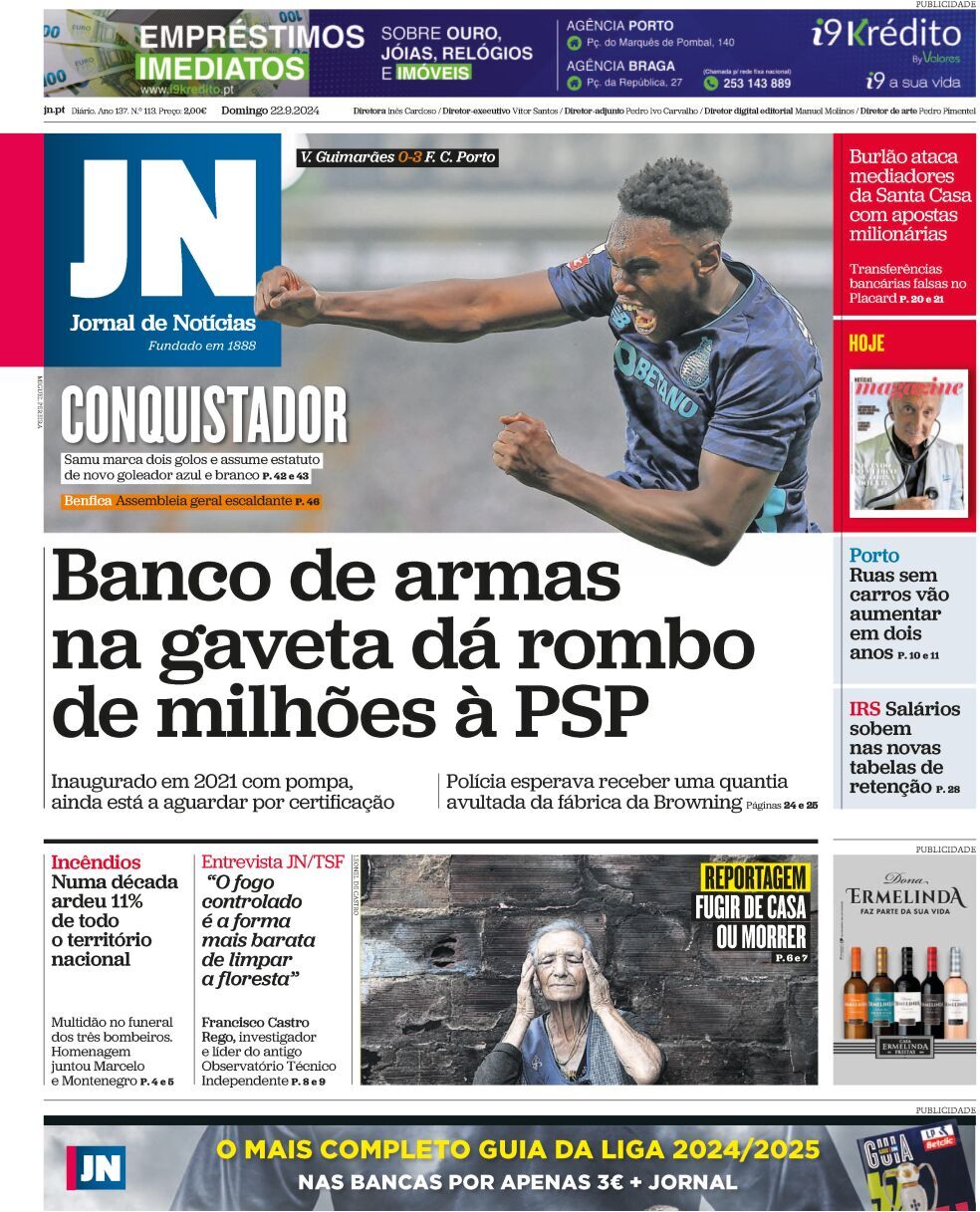Jornal de Not&iacute;cias: Capa da Edi&ccedil;&atilde;o de domingo, 22 de setembro 2024