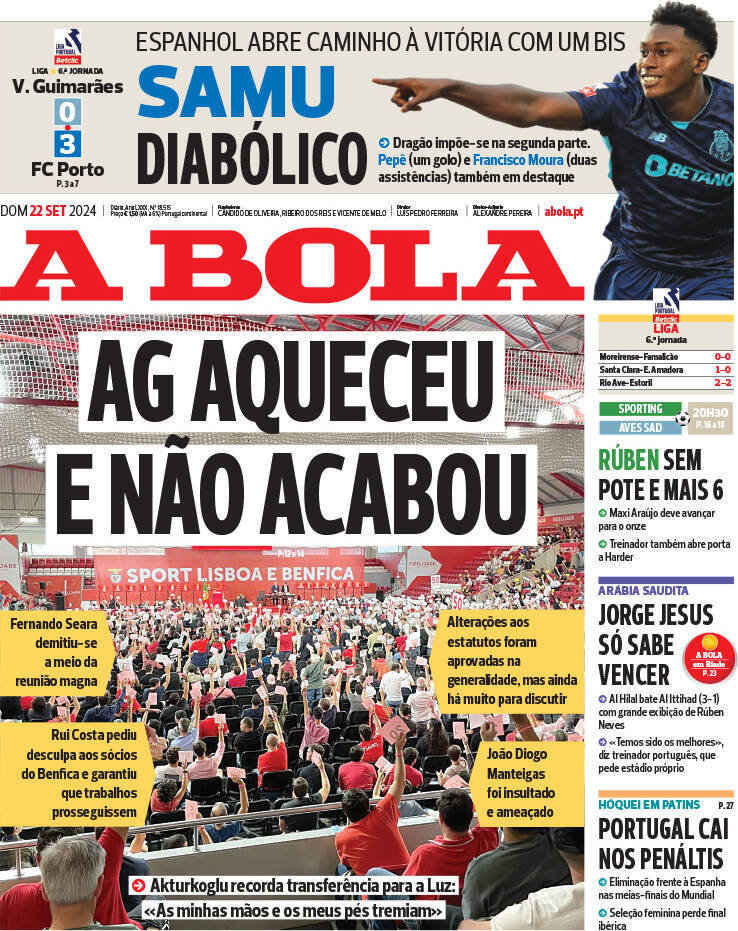A Bola: Capa da Edi&ccedil;&atilde;o de domingo, 22 de setembro 2024