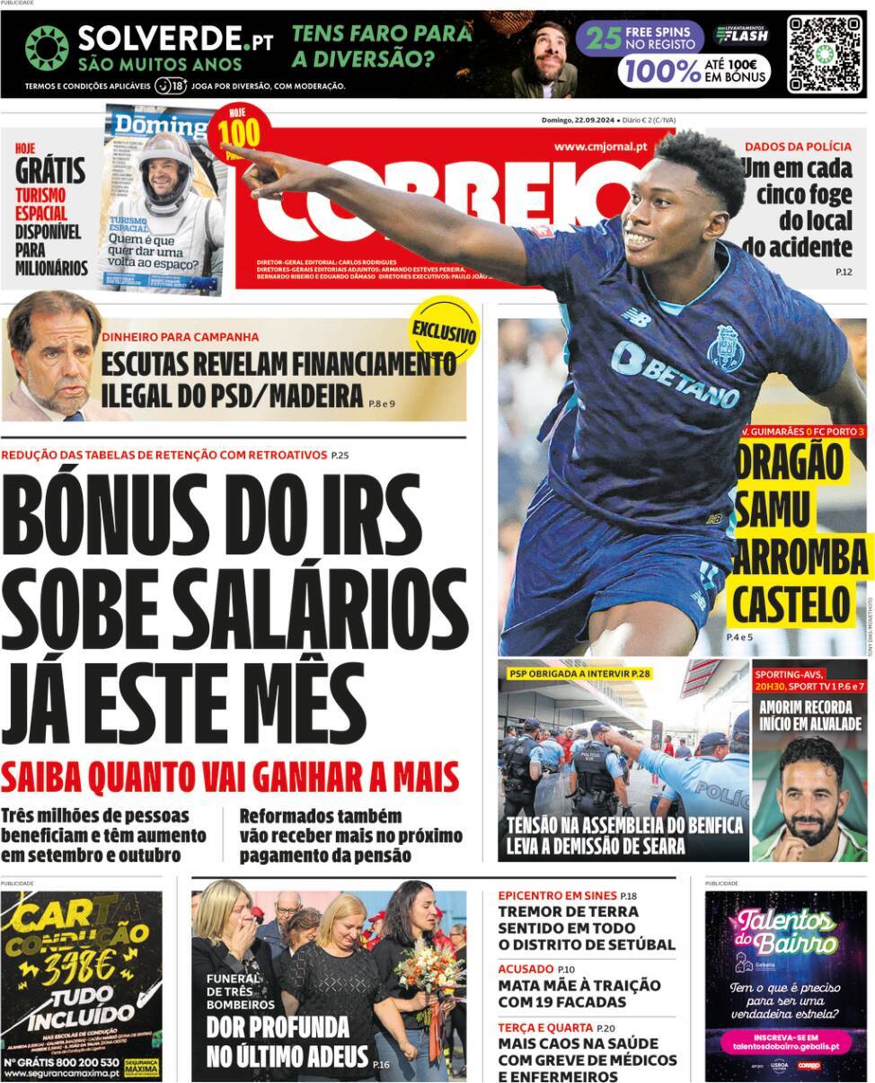 Correio da Manh&atilde;: Capa da Edi&ccedil;&atilde;o de domingo, 22 de setembro 2024