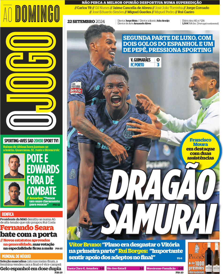 O Jogo: Capa da Edi&ccedil;&atilde;o de domingo, 22 de setembro 2024