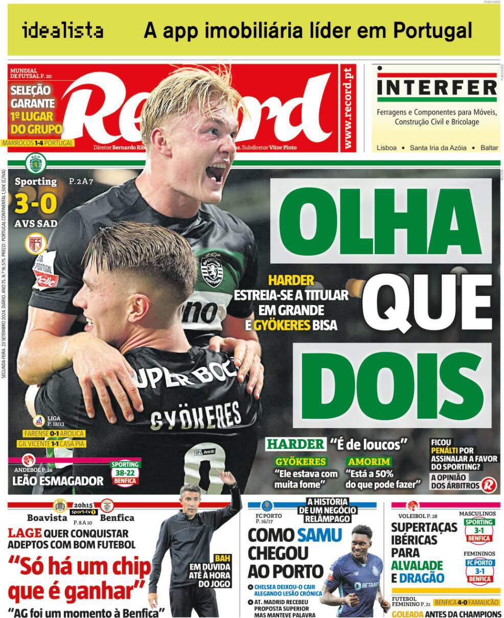 Record: Capa da Edi&ccedil;&atilde;o de segunda-feira, 23 de setembro 2024