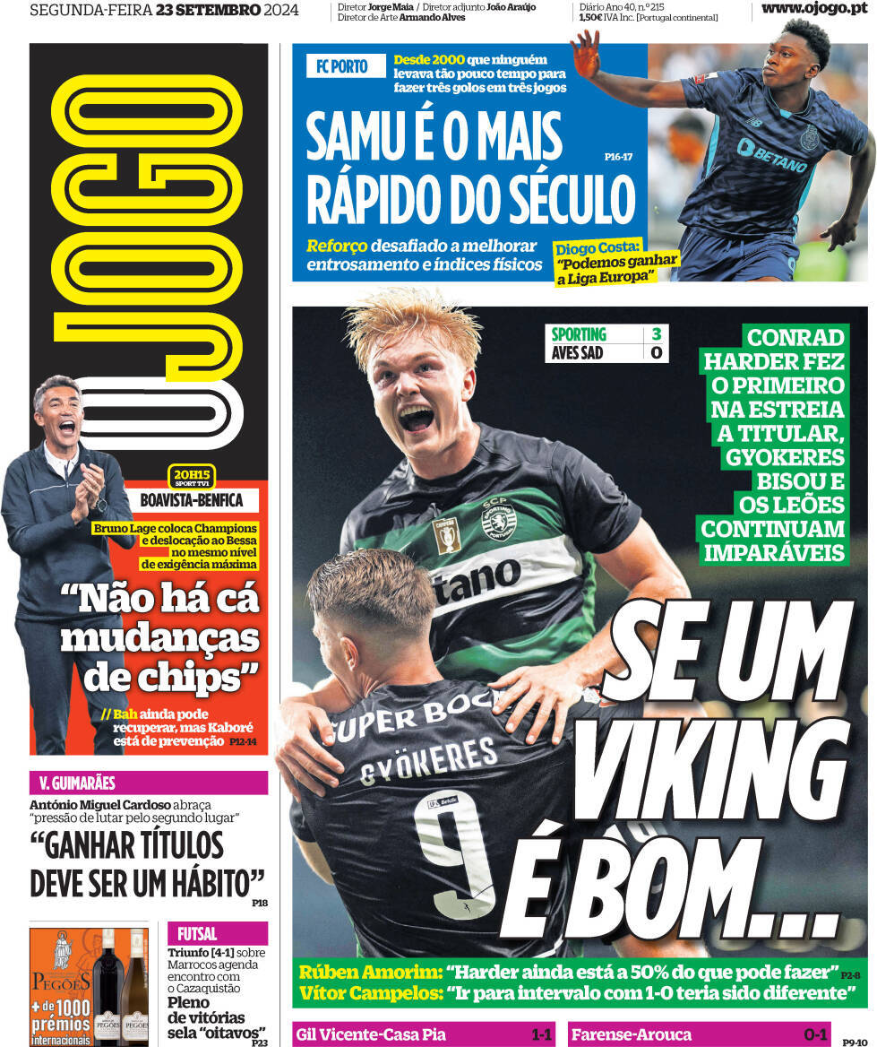 O Jogo: Capa da Edi&ccedil;&atilde;o de segunda-feira, 23 de setembro 2024