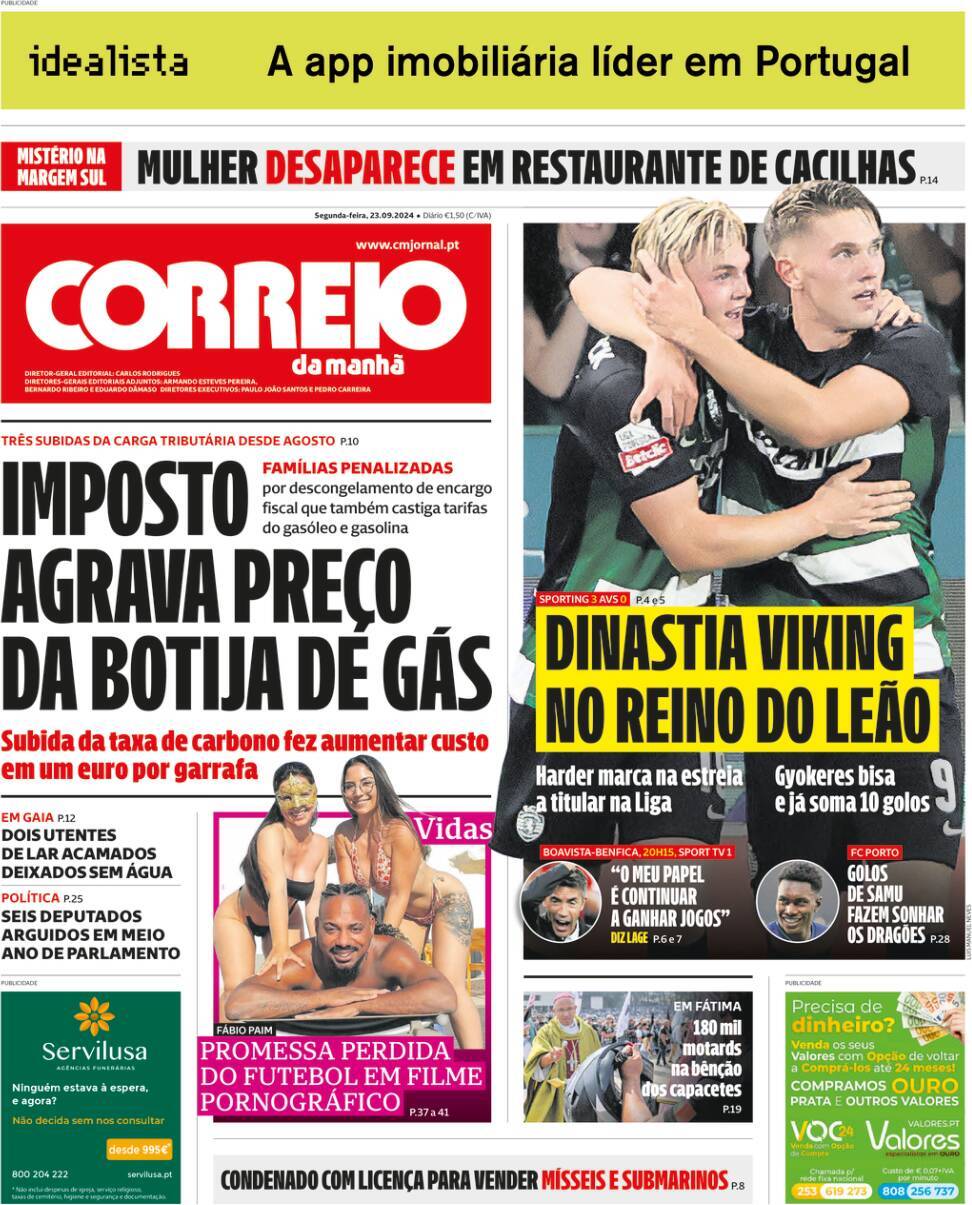 Correio da Manh&atilde;: Capa da Edi&ccedil;&atilde;o de segunda-feira, 23 de setembro 2024