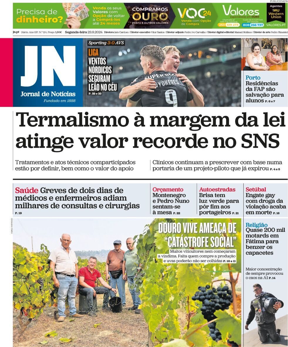 Jornal de Not&iacute;cias: Capa da Edi&ccedil;&atilde;o de segunda-feira, 23 de setembro 2024