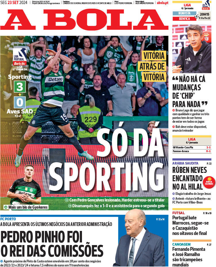A Bola: Capa da Edi&ccedil;&atilde;o de segunda-feira, 23 de setembro 2024