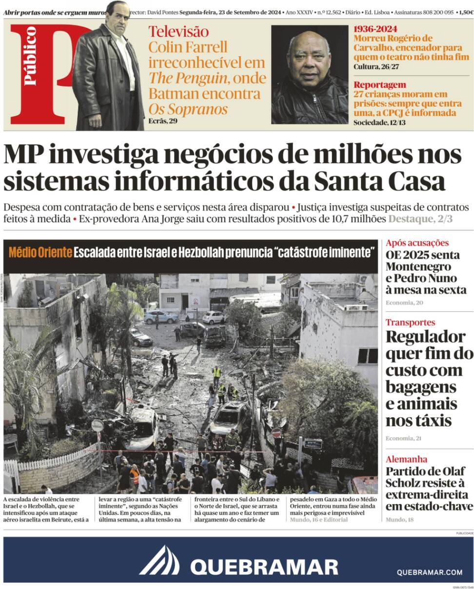 P&uacute;blico: Capa da Edi&ccedil;&atilde;o de segunda-feira, 23 de setembro 2024