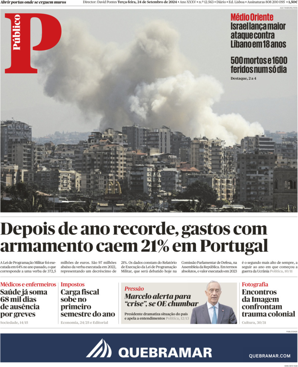 P&uacute;blico: Capa da Edi&ccedil;&atilde;o de ter&ccedil;a-feira, 24 de setembro 2024