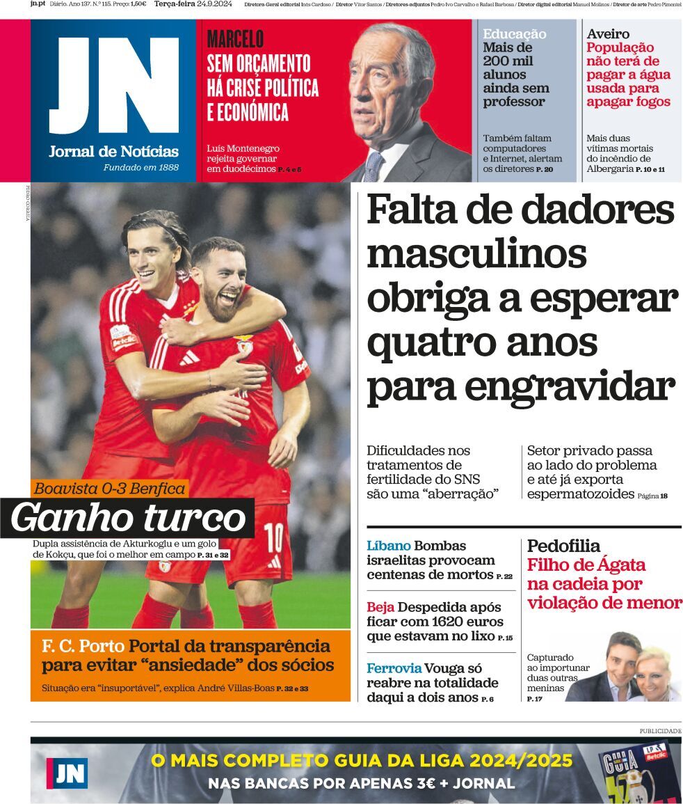 Jornal de Not&iacute;cias: Capa da Edi&ccedil;&atilde;o de ter&ccedil;a-feira, 24 de setembro 2024