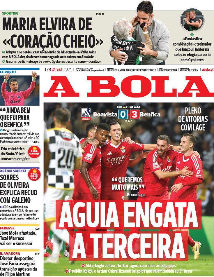 A Bola: Capa da Edi&ccedil;&atilde;o de ter&ccedil;a-feira, 24 de setembro 2024