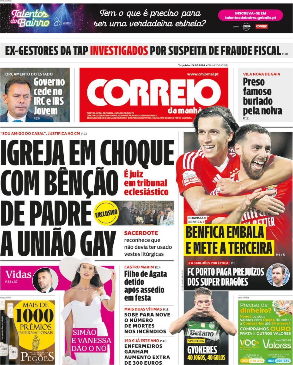 Correio da Manh&atilde;: Capa da Edi&ccedil;&atilde;o de ter&ccedil;a-feira, 24 de setembro 2024
