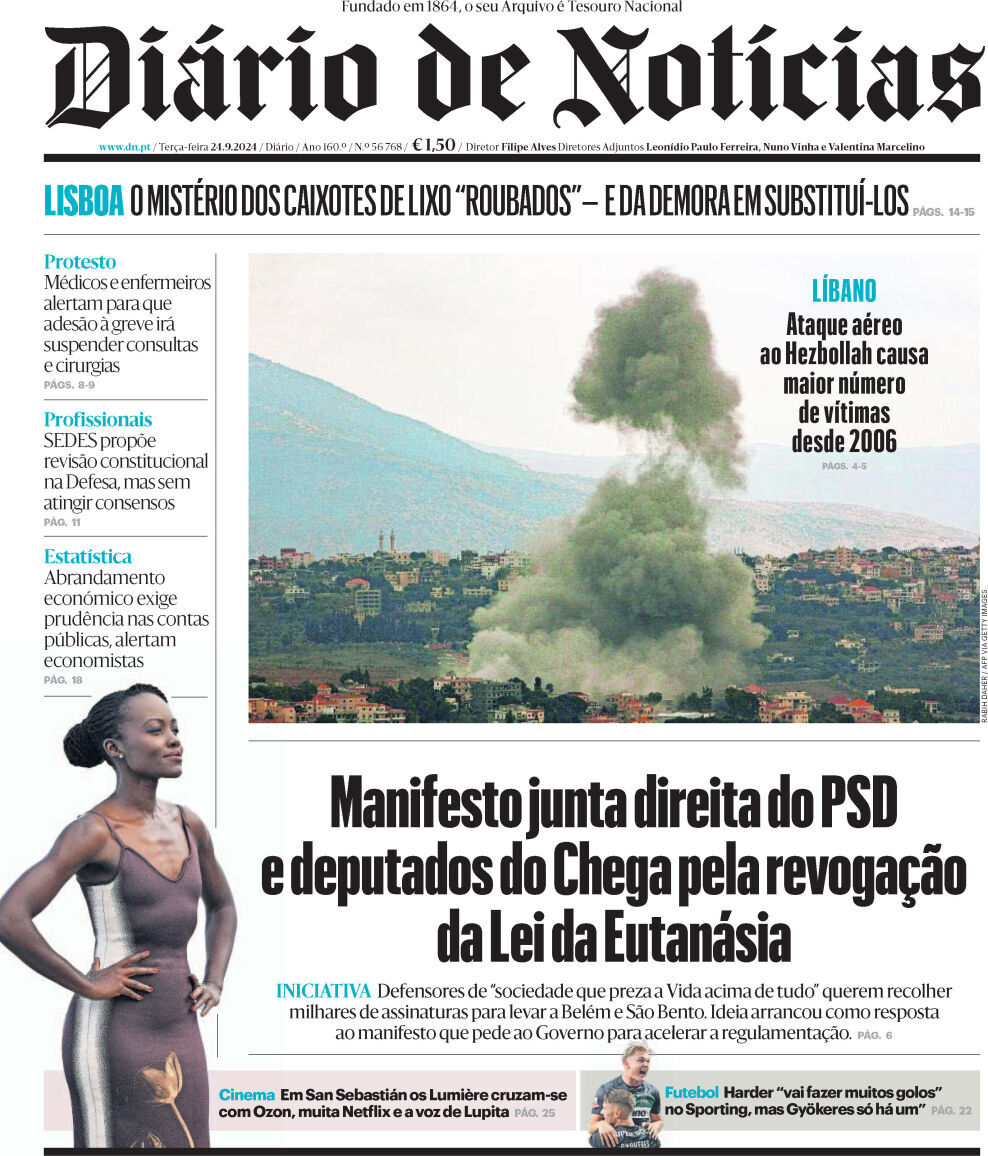 Di&aacute;rio de Not&iacute;cias: Capa da Edi&ccedil;&atilde;o de ter&ccedil;a-feira, 24 de setembro 2024