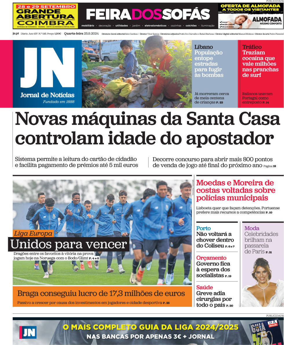 Jornal de Not&iacute;cias: Capa da Edi&ccedil;&atilde;o de quarta-feira, 25 de setembro 2024