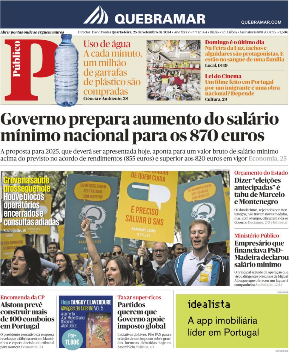 P&uacute;blico: Capa da Edi&ccedil;&atilde;o de quarta-feira, 25 de setembro 2024