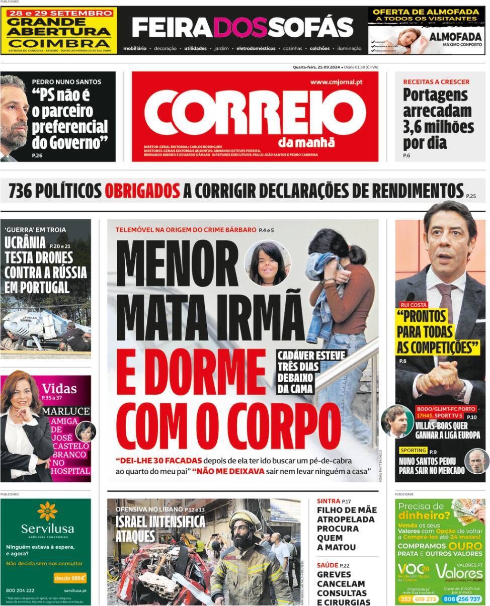 Correio da Manh&atilde;: Capa da Edi&ccedil;&atilde;o de quarta-feira, 25 de setembro 2024