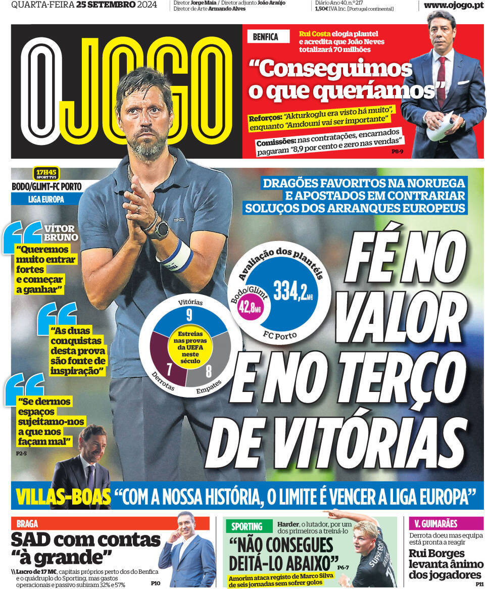 O Jogo: Capa da Edi&ccedil;&atilde;o de quarta-feira, 25 de setembro 2024
